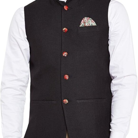 WINTAGE Men's Linen Blend Bandhgala Party Nehru Jacket Waistcoat - Picture 4 of 6